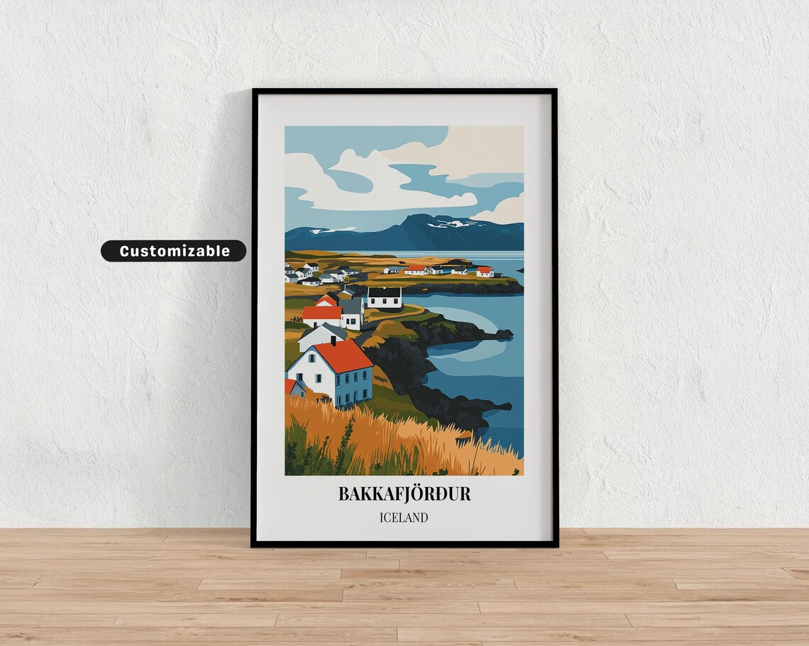 Bakkafjörður Iceland Red Roof Village Scenic Coastal Travel Poster