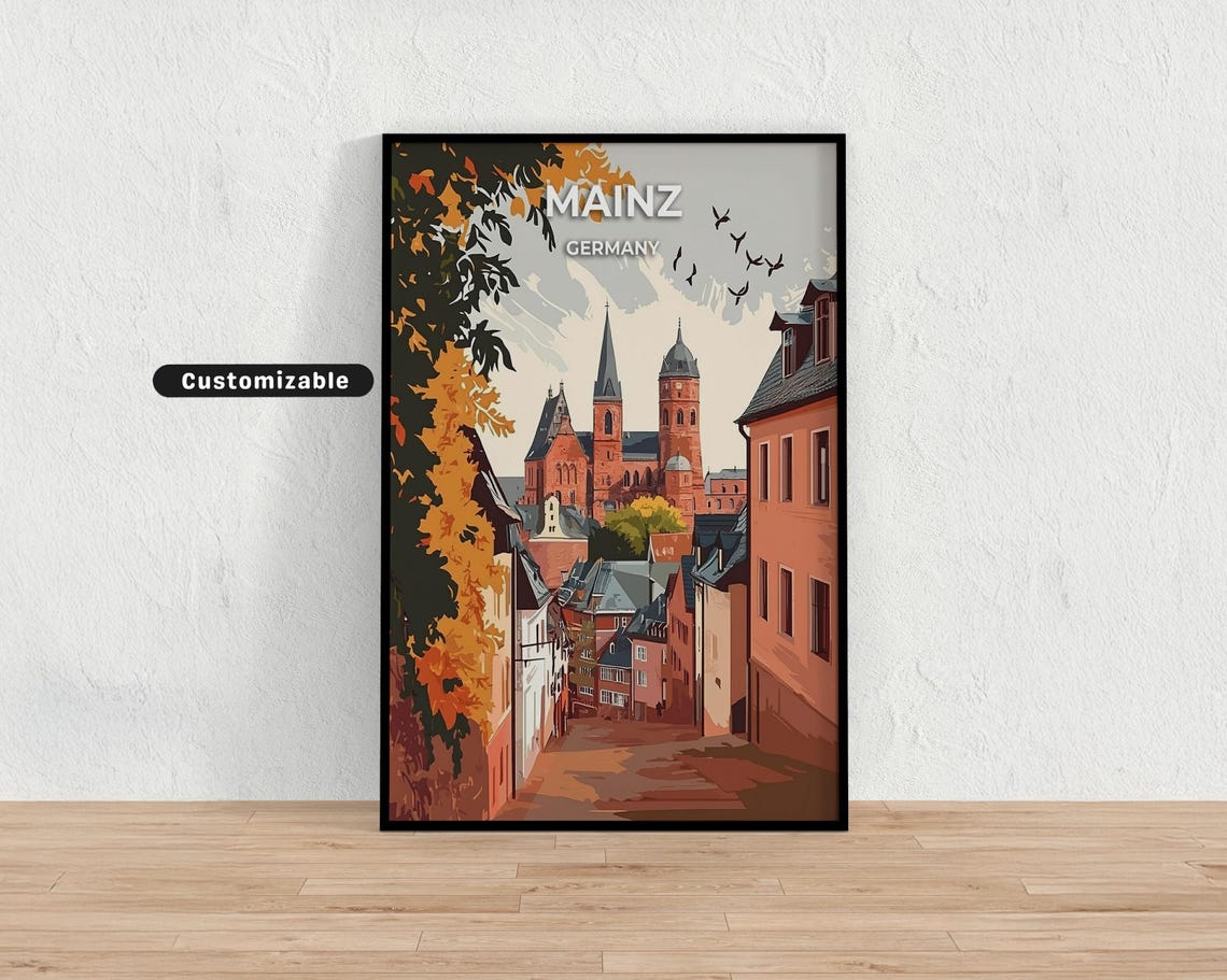 Mainz Germany Cathedral Autumn Old Town View Retro Travel Poster