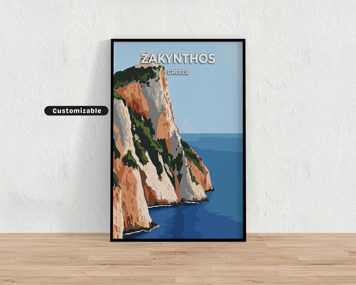 Zakynthos Greece Ionian Sea Cliffs Retro Coastal Island Travel Poster