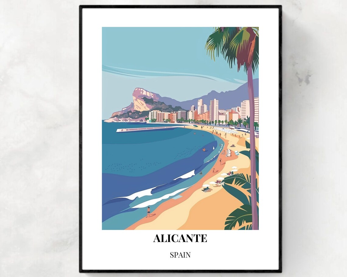Alicante Spain Beach Cityscape Castle Hill View Travel Poster