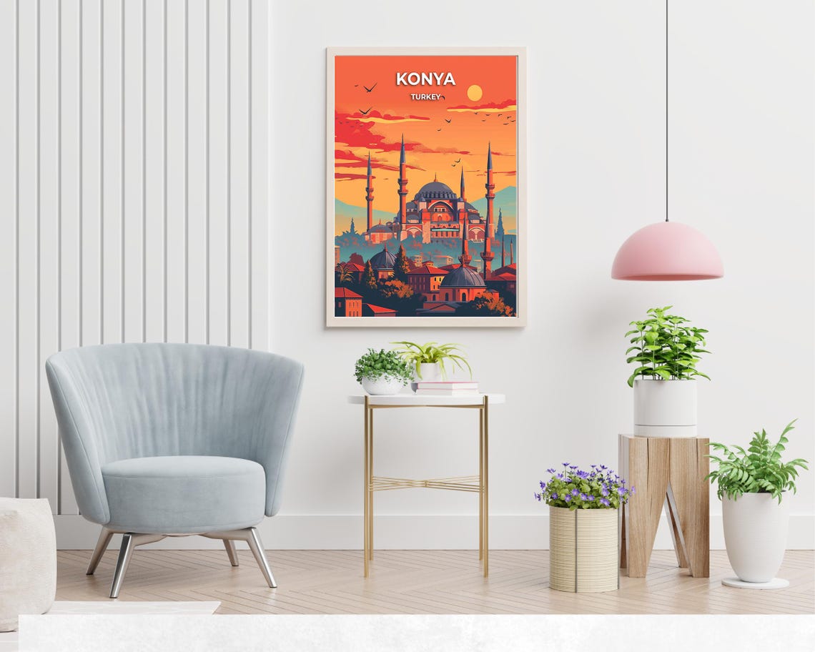 Konya Turkey Mosque Domes And Minarets At Fiery Sunset Poster - Image 2