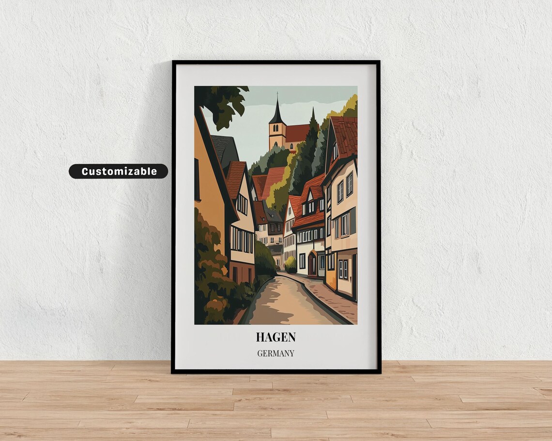 Hagen Germany Village Street Church Tower Scenic Travel Poster Art