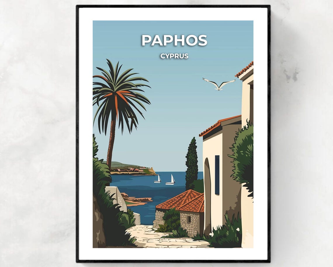 Paphos Whitewashed Lane With Palm Tree and Sailboats Travel Poster