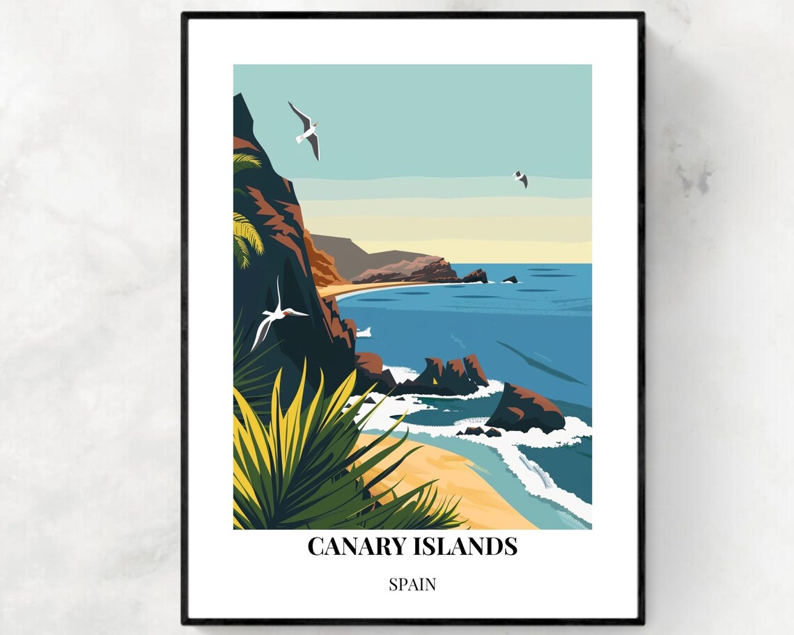 Canary Islands Spain Rocky Coast Seabirds Beach Travel Poster Art