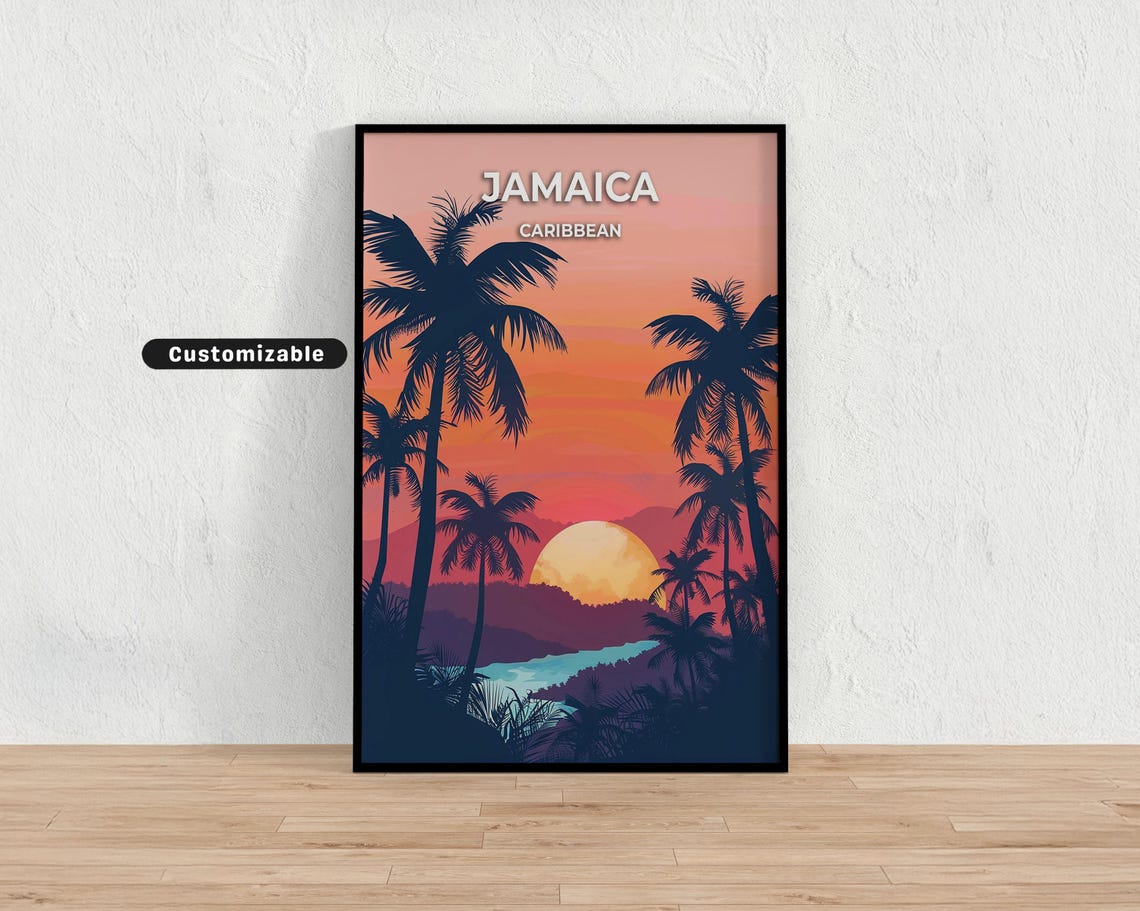 Jamaica Caribbean Island Tropical Sunset Palm Tree Travel Poster