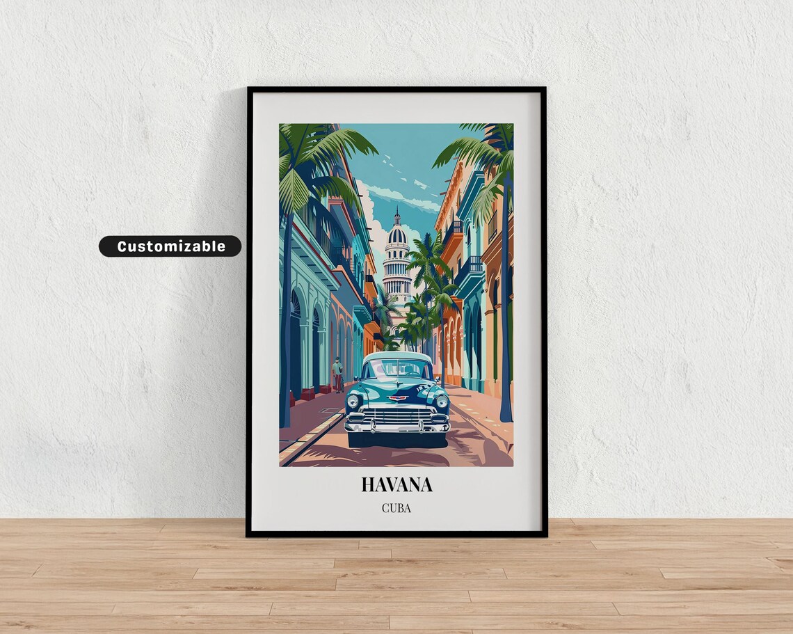 Havana Cuba Vintage Blue Car Colonial Street El Capitolio Travel Poster