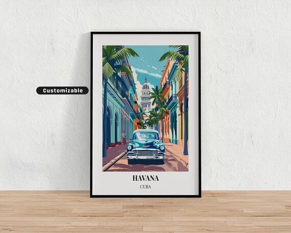 Havana Cuba Vintage Blue Car Colonial Street El Capitolio Travel Poster