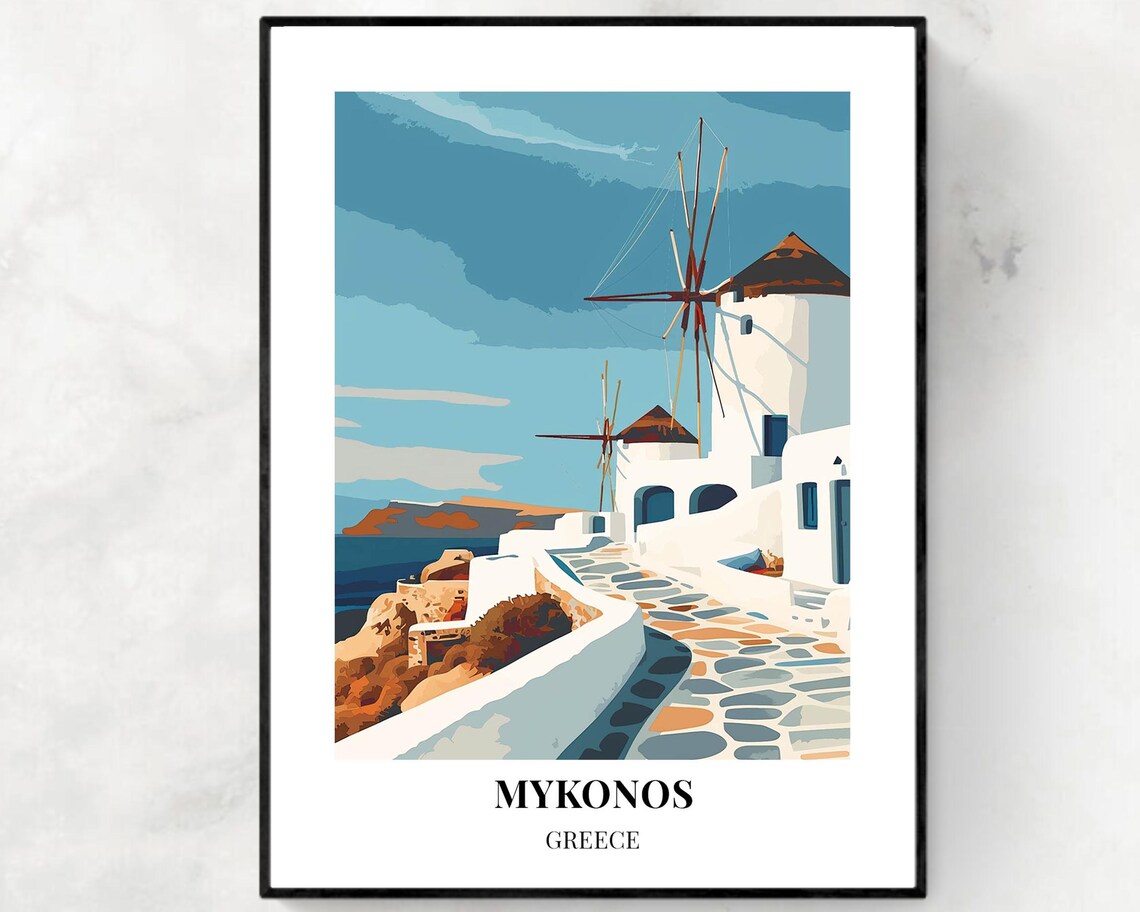 Mykonos Greece Cobblestone Street Poster with Windmills and Sea