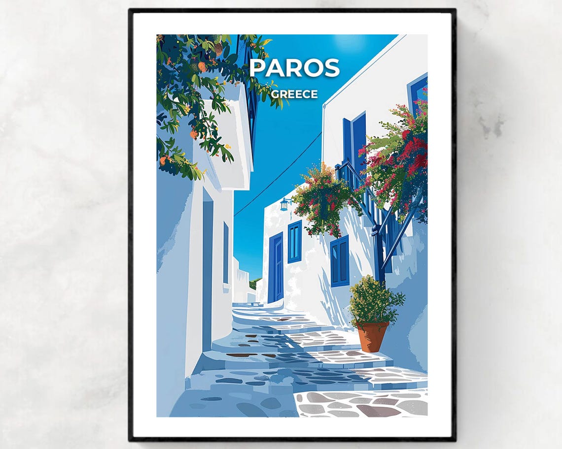 Paros Greece Whitewashed Cycladic Alley Blue Shutters Travel Poster