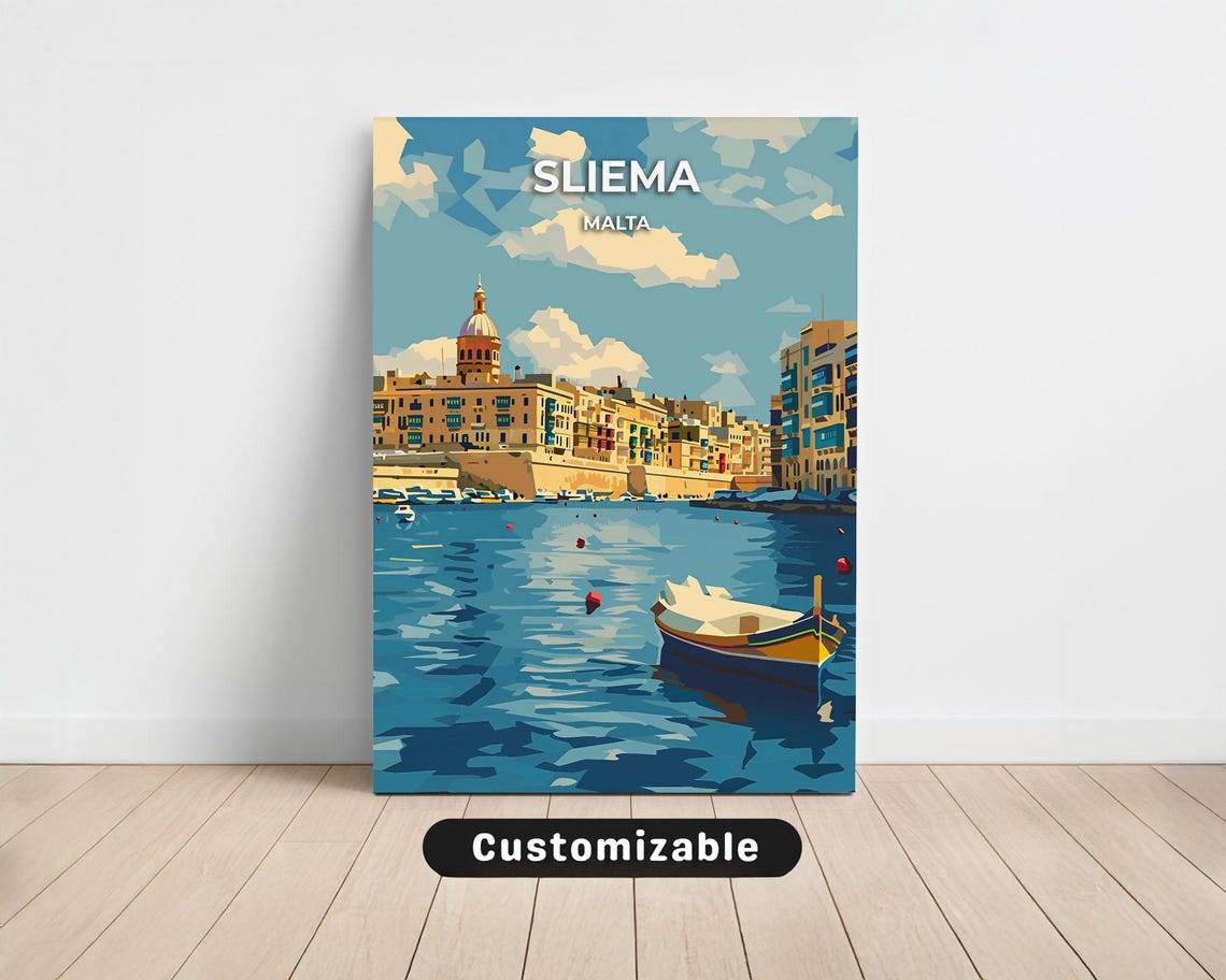 Sliema Malta Bay Travel Poster Traditional Boat Azure Waterfront