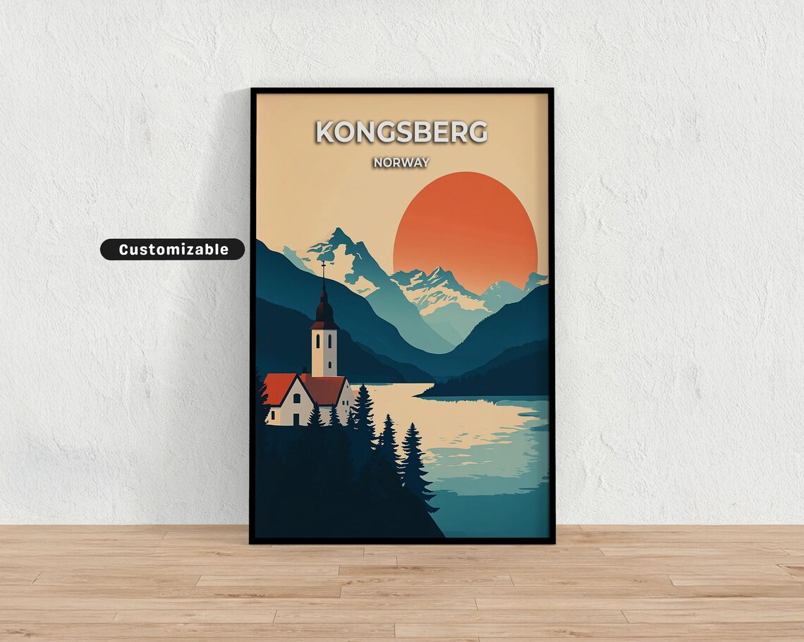 Kongsberg Norway Sunset Church Lake Mountains Retro Travel Poster