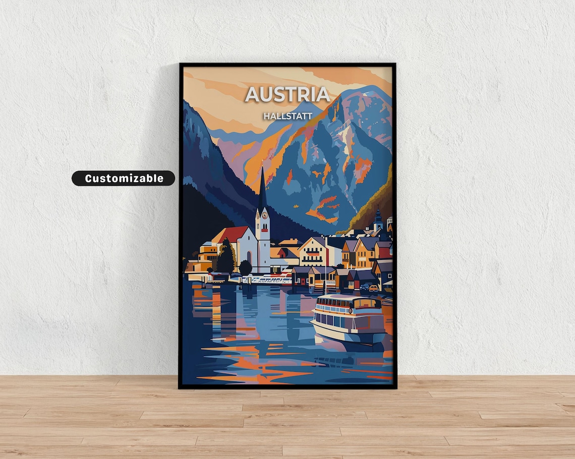 Hallstatt Austria Lakeside Village Travel Poster Alpine Lake Scene