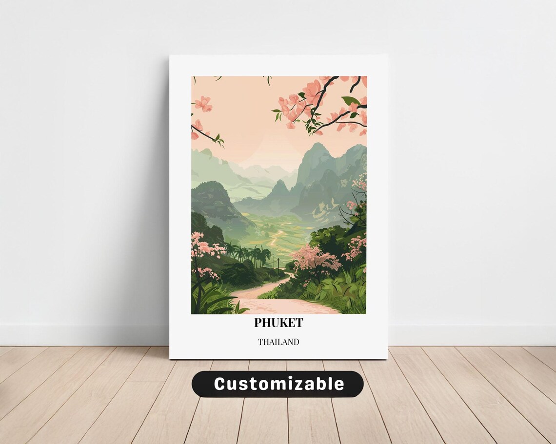 Phuket Thailand Mountain Valley Cherry Blossom Travel Art Poster