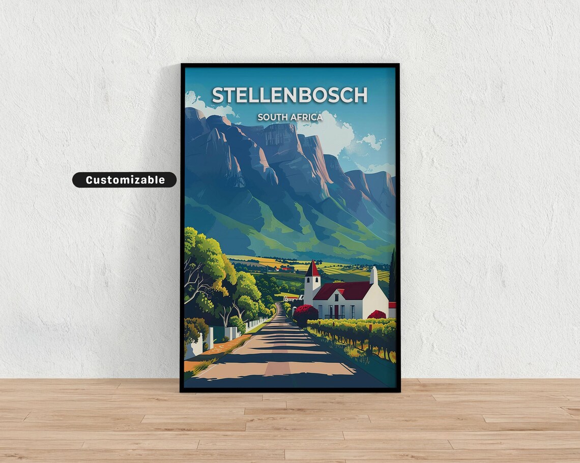 Stellenbosch South Africa Vintage Mountain Vineyard Travel Poster