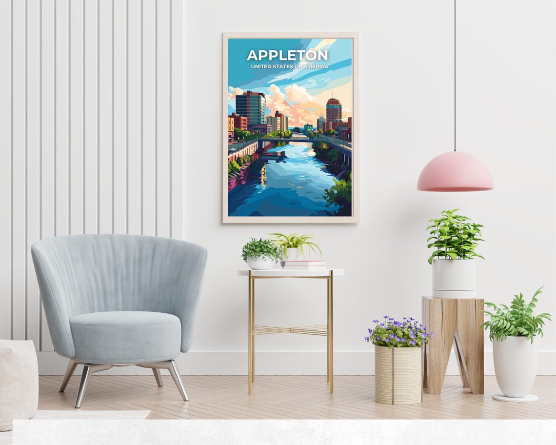 Appleton Wisconsin Riverfront Skyline Overlay Title Travel Poster - Image 2