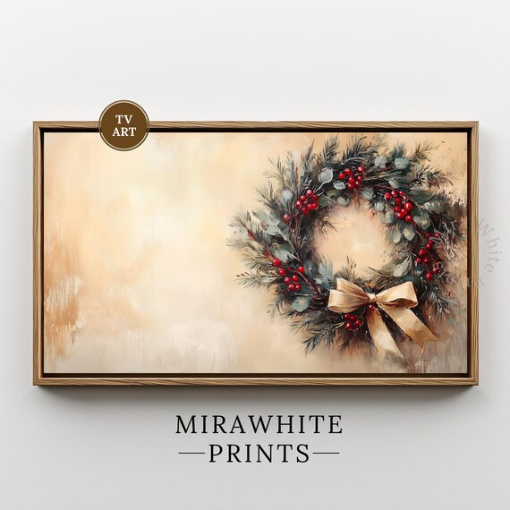 Christmas Wreath TV Art Print Berries Eucalyptus Gold Bow Holiday Decor