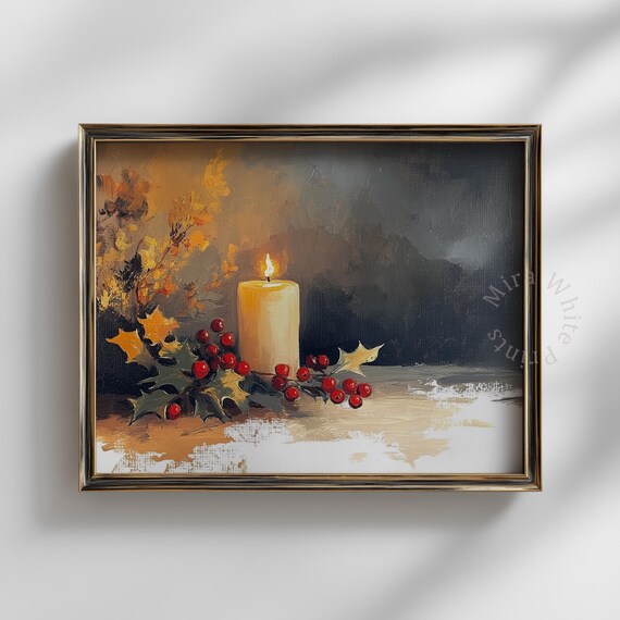 Lit Candle Holly Berries Autumn Leaves Cozy Holiday Painting Print