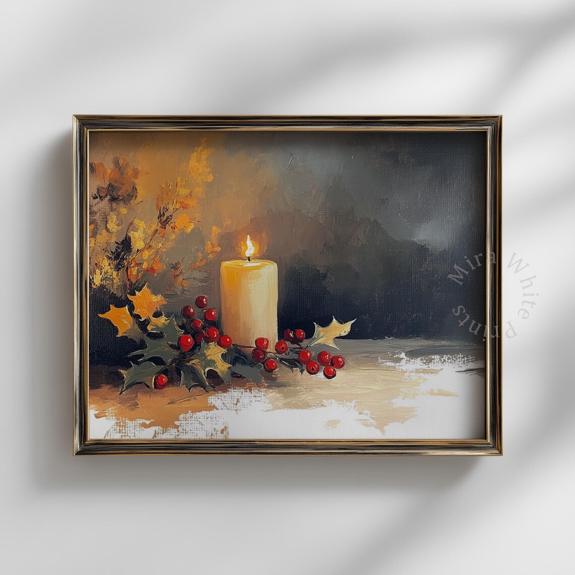 Lit Candle Holly Berries Autumn Leaves Cozy Holiday Painting Print