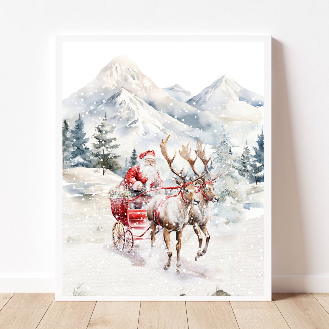 Santa Reindeer Sleigh Vintage Christmas Art Print - Image 2