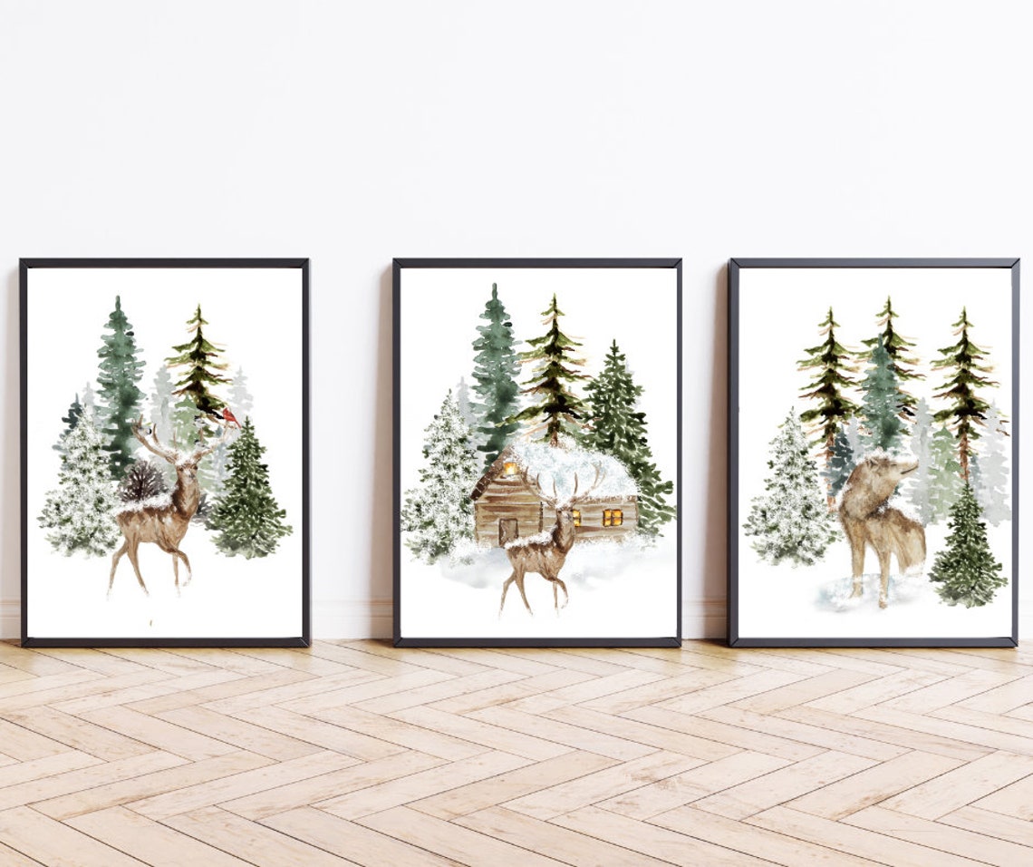 Set of 3 Winter Woodland Deer Cabin Wildlife Watercolor Art Poster