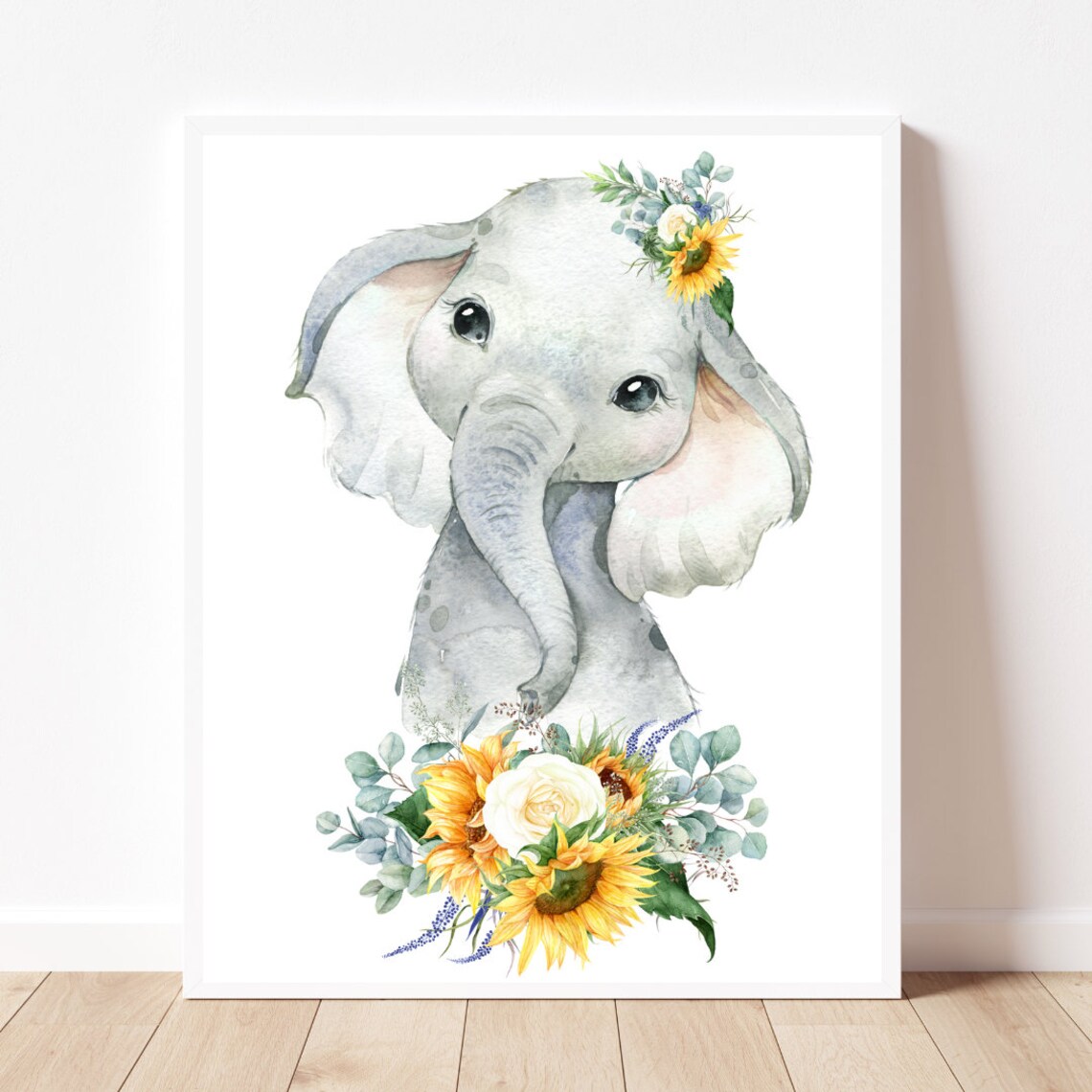 Baby Elephant Sunflower Watercolor Nursery Art Print Set Of Two - Image 2