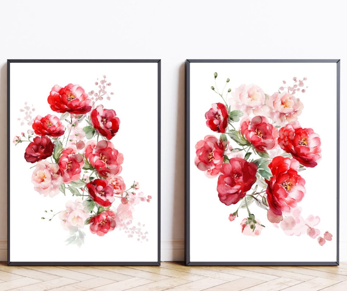 Red and Pink Watercolor Rose Flower Bouquet Romantic Set of 2 Poster - Image 2