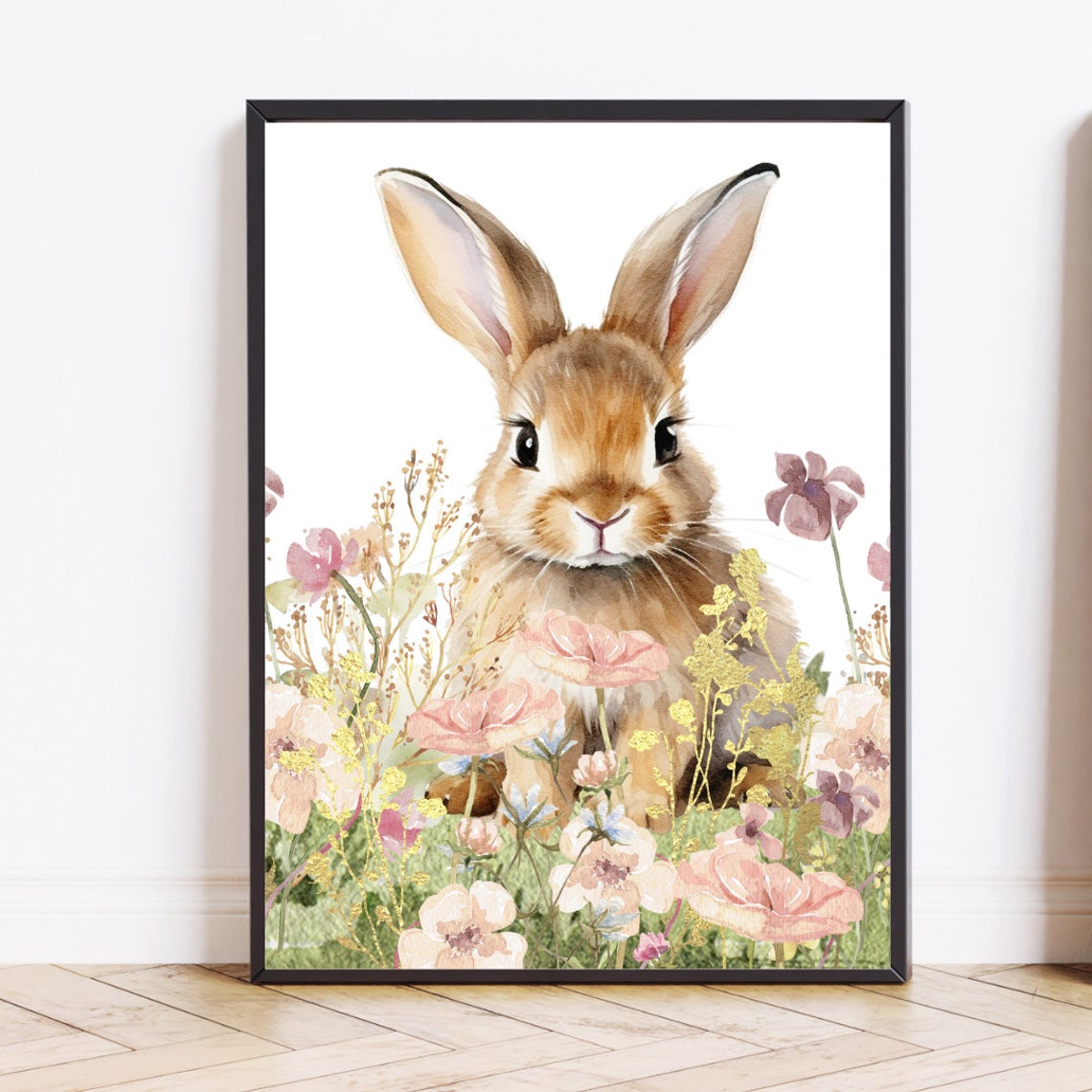 Watercolor Bunny Wildflowers Meadow Easter Nursery Art Poster - Image 2