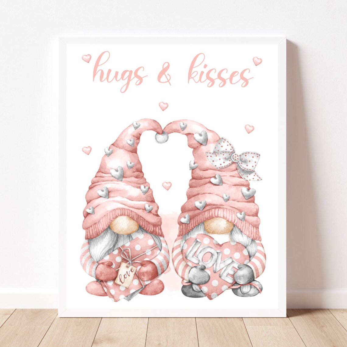Hugs and Kisses Valentine Gnome Couple Love Heart Gift Decor Poster