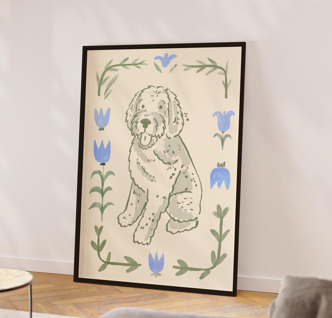 Cute Watercolor Puppy Blue Tulips Floral Doodle Dog Art Poster