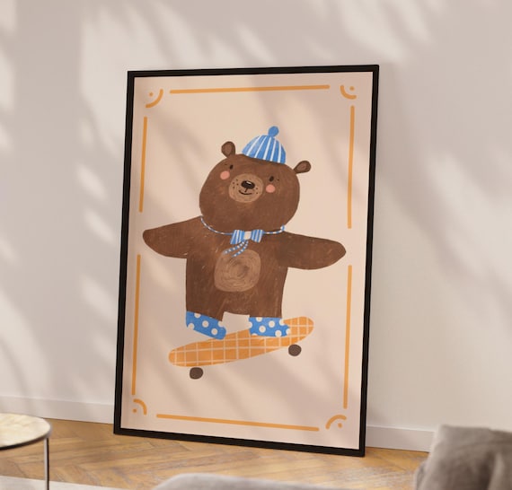 Cute Brown Bear on Skateboard Whimsical Nursery Animal Art Poster