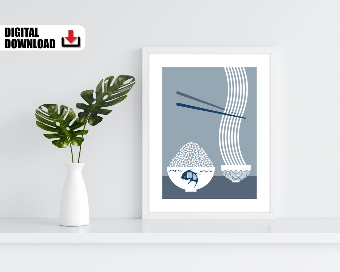 Minimalist Blue Bowls Chopsticks Noodles Asian Kitchen Art Poster - Image 2