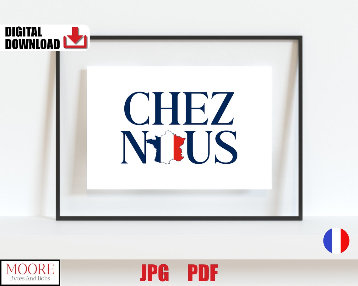 Chez Nous France Map Flag Navy Serif Typography Poster Decor