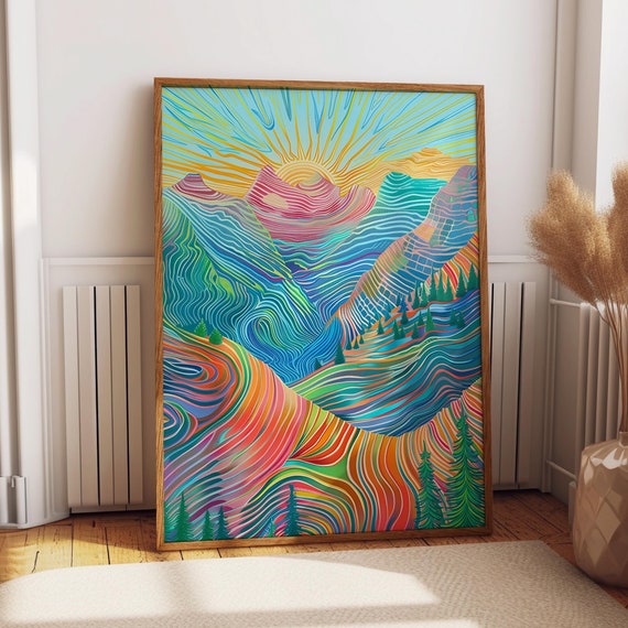 Abstract Mountain Sunrise Poster Colorful Sun And Mountains Landscape Wall Art Modern Nature Inspired Print Poster Or Print