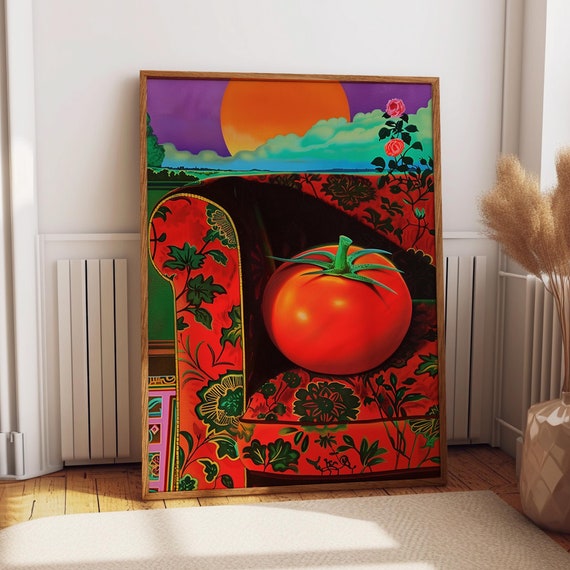 Tomato On Floral Armchair Art Print Surreal Still Life Wall Art Poster Bold Red Tomato Art Room Decor Poster Or Print