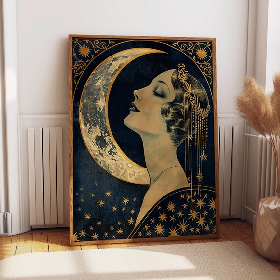 Lady And Moon, Art Deco Celestial Art Print