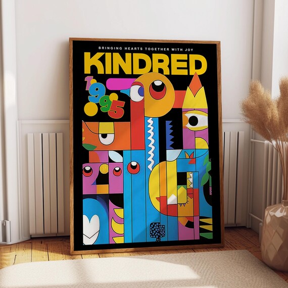 Kindred 1995 Bold Black Geometric Faces Abstract Hearts Poster