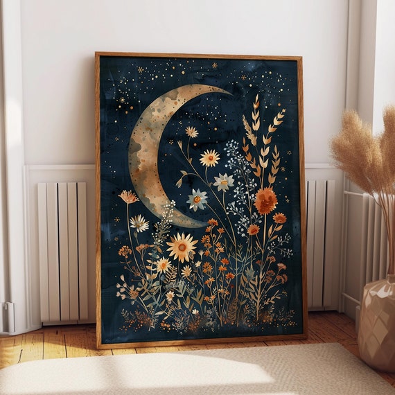 Moon and Flowers Art Print, Celestial Night Garden