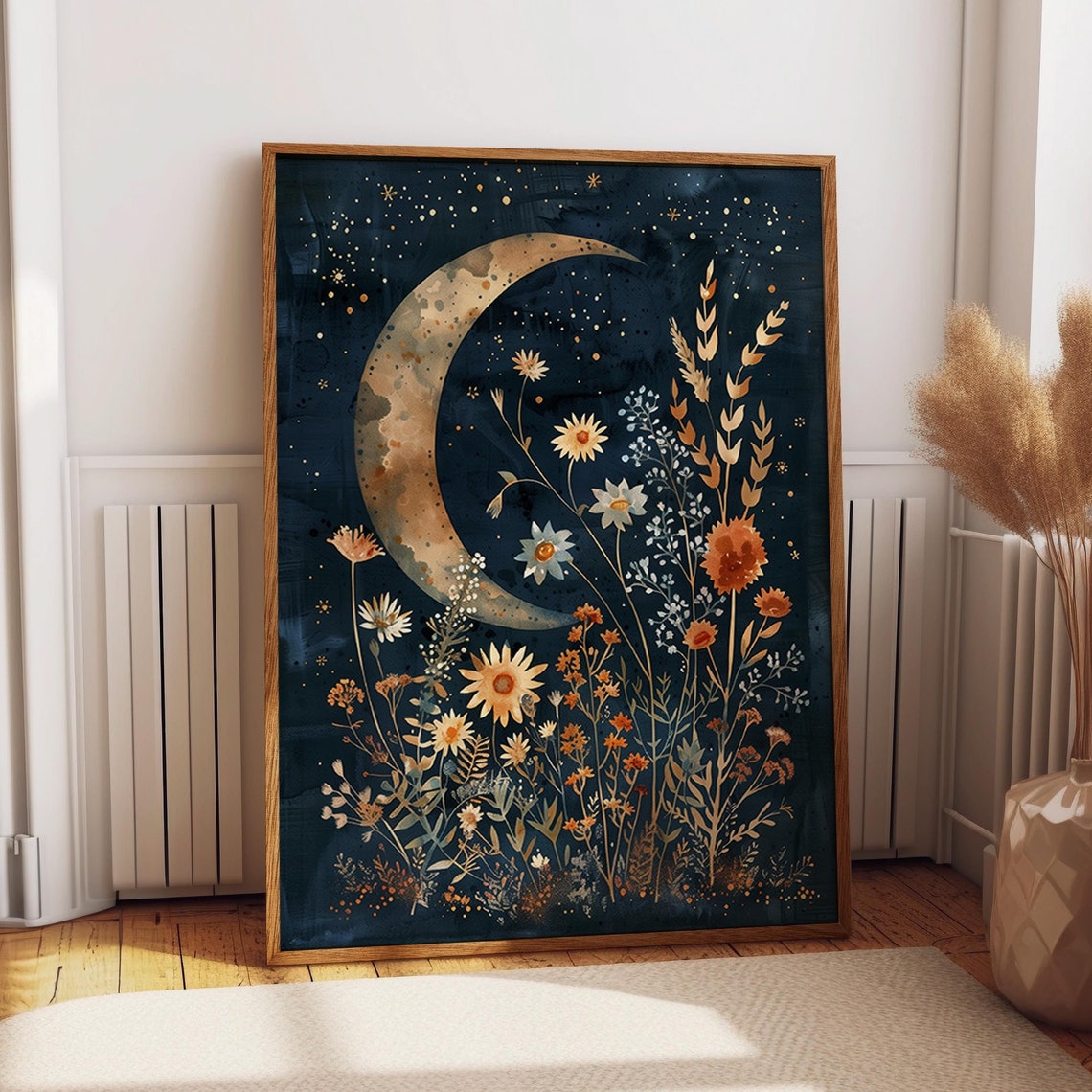 Moon and Flowers Art Print, Celestial Night Garden