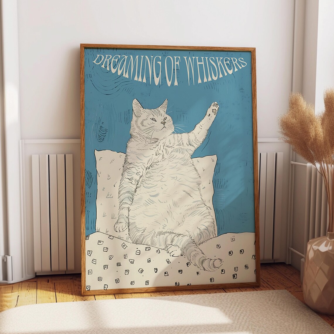Dreaming Of Whiskers Sleepy White Cat Blue Illustration Poster
