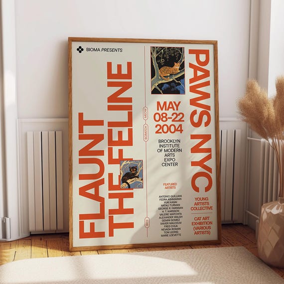 Flaunt The Feline Cat Art Poster Retro Nyc Art Exhibition Art Print Bold Typography Kitty Art Show Wall Decor Poster Or Print
