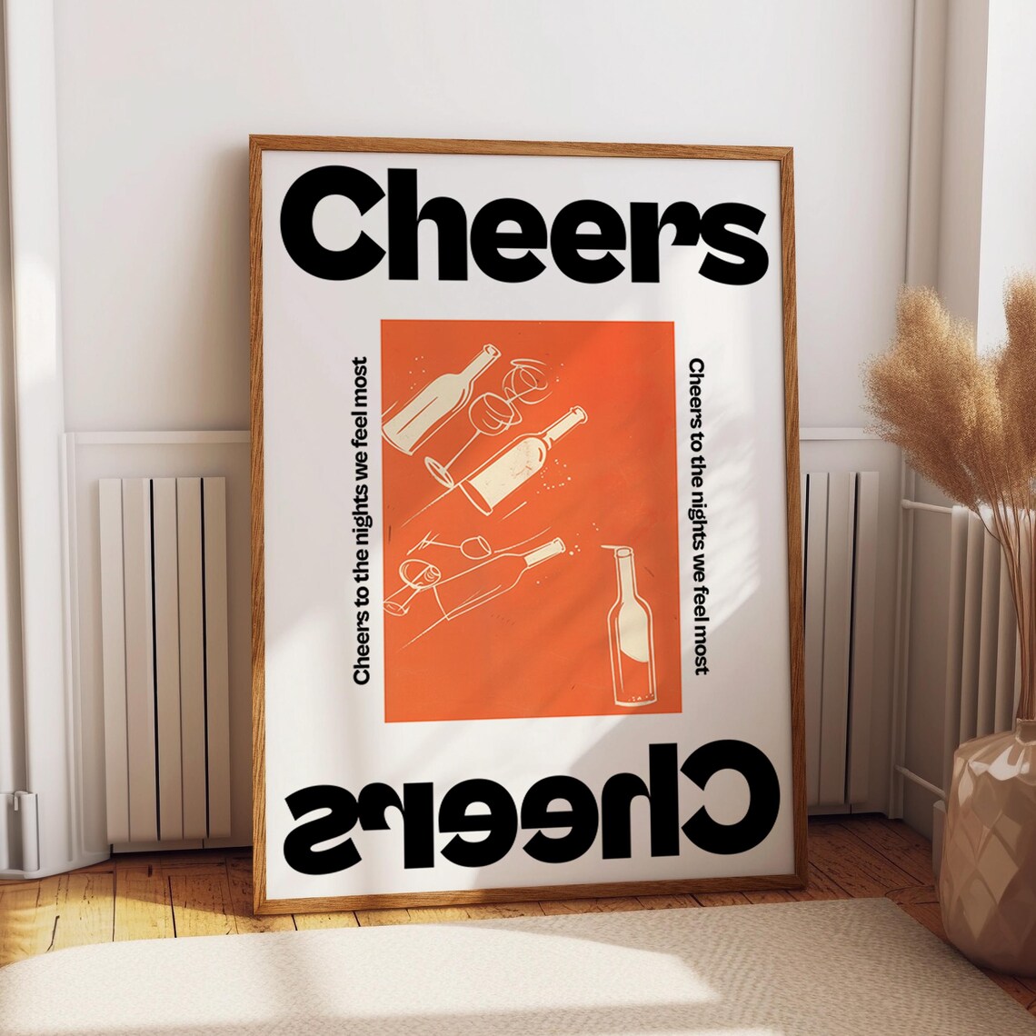 Cheers Wine Bottles Minimalist Orange Kitchen Bar Wall Poster