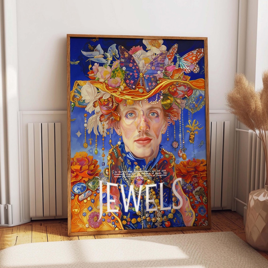 Lady Portrait In Butterfly Hat Wall Decor Fantasy Woman Painting Art Print Floral And Jewel Surreal Wall Art Poster Or Print