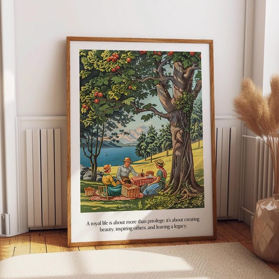 Royal Picnic Scene Art Print Retro Lakeside Gathering Wall Art Orchard And Lake Orchard Art Poster Poster Or Print