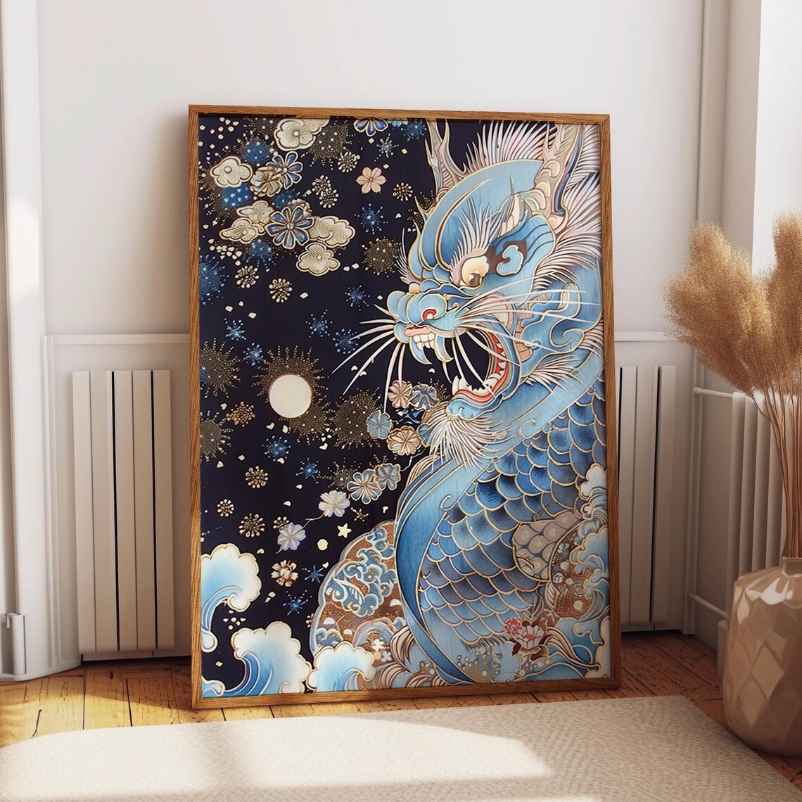 Celestial Blue Dragon, Lunar Night Sky Fantasy Art Print