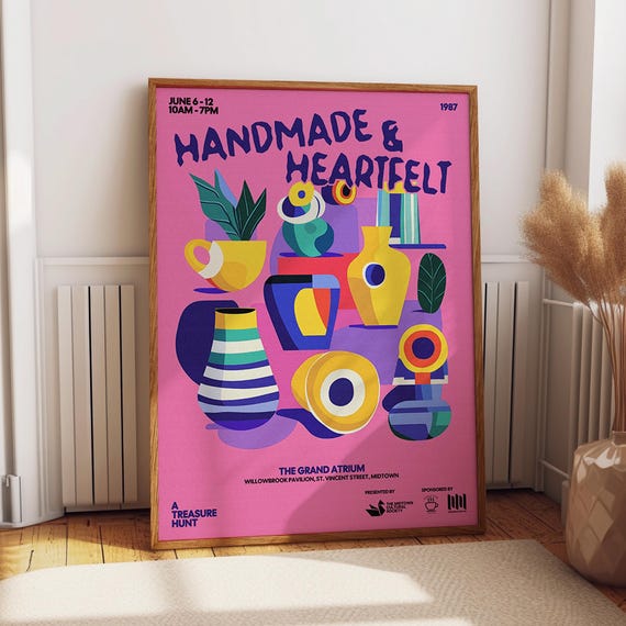 Vase And Pottery Wall Art Mid Century Memphis Style Ceramics Poster Pink Abstract Geometric Still Life Print Poster Or Print