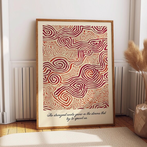 Strongest Roots Grow in Storms Red Swirl Abstract Line Art Poster