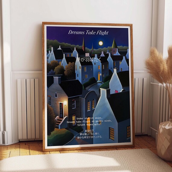 Dreams Take Flight Moonlit Village Japanese Night Landscape Poster
