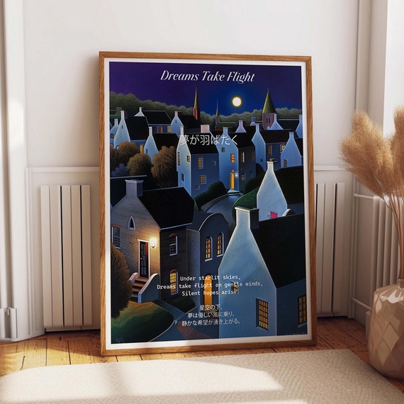 Moonlit Village Wall Art Print Town Nighttime Landscape Art Poster Peaceful Evening Full Moon Home Decor Poster Or Print