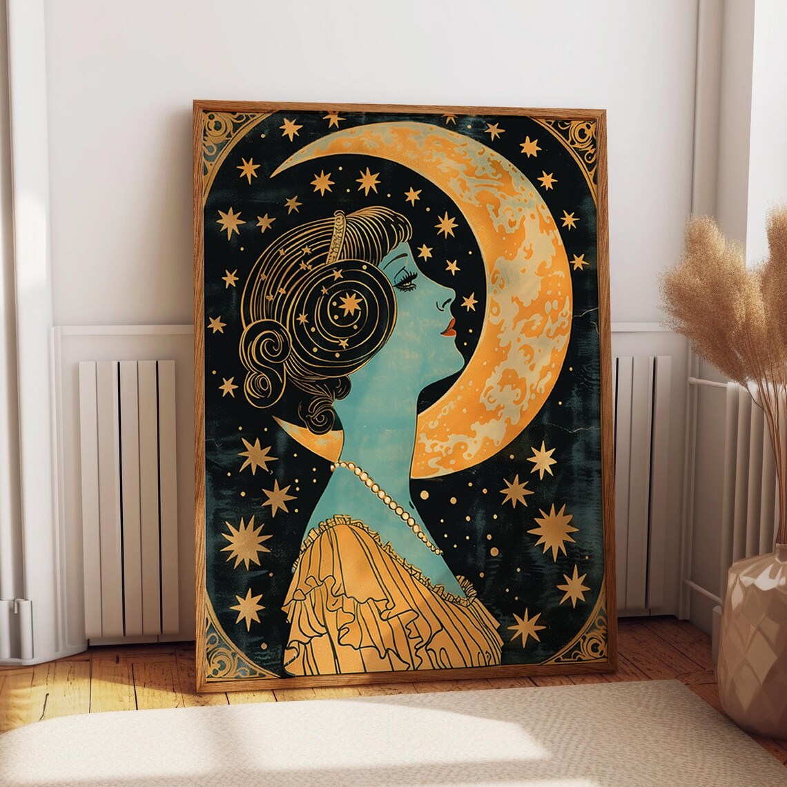 Moonlit Woman Gazing At Crescent Moon Stars Art Nouveau Poster