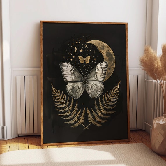 Moon Butterfly And Ferns Wall Art Poster Black Gold Nature Celestial Wall Decor Artistic Butterfly Room Decor Poster Or Print